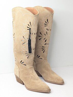 House Of Harlow Vanessa Tall Cutout Western Boots Tan Suede Womens 7